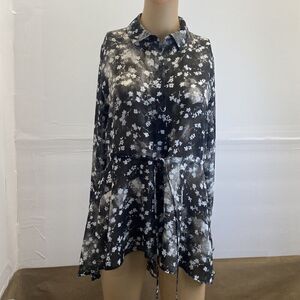 Simply Vera Vera Wang Tie Waist Button Up Hi-Low Blouse Top Size S Black Floral